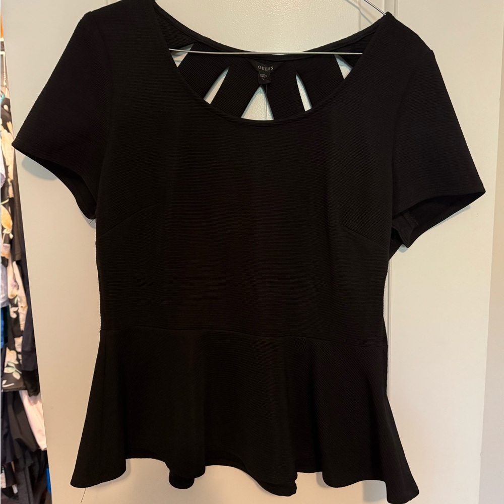 Guess Black Peplum Cut-Out Back Short Sleeve Blouse